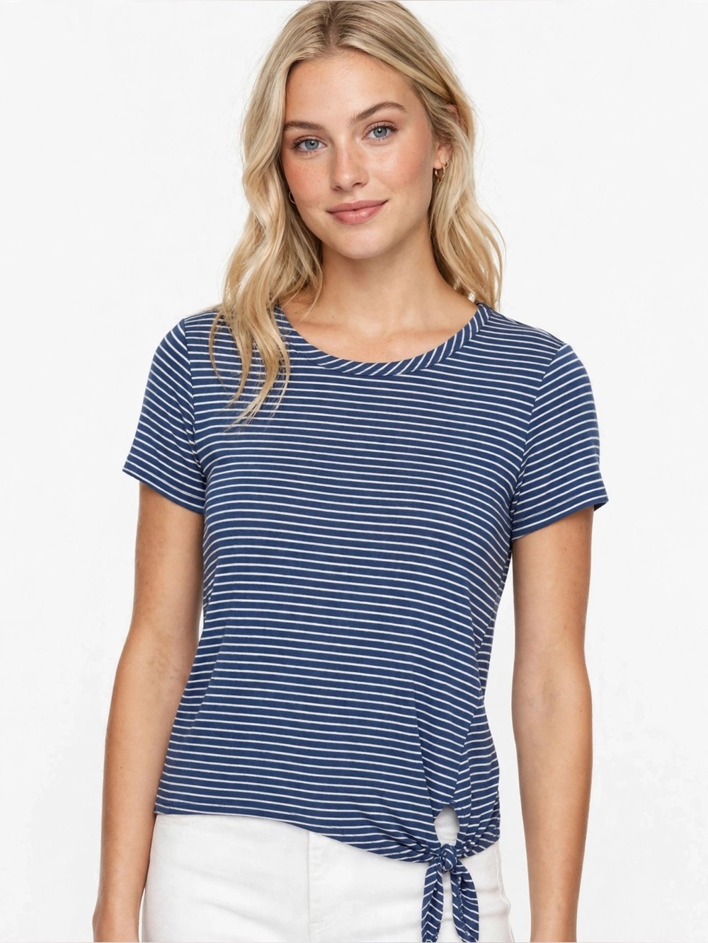 Olivia R. Striped Tie-Front Top in Blue & White Size Large